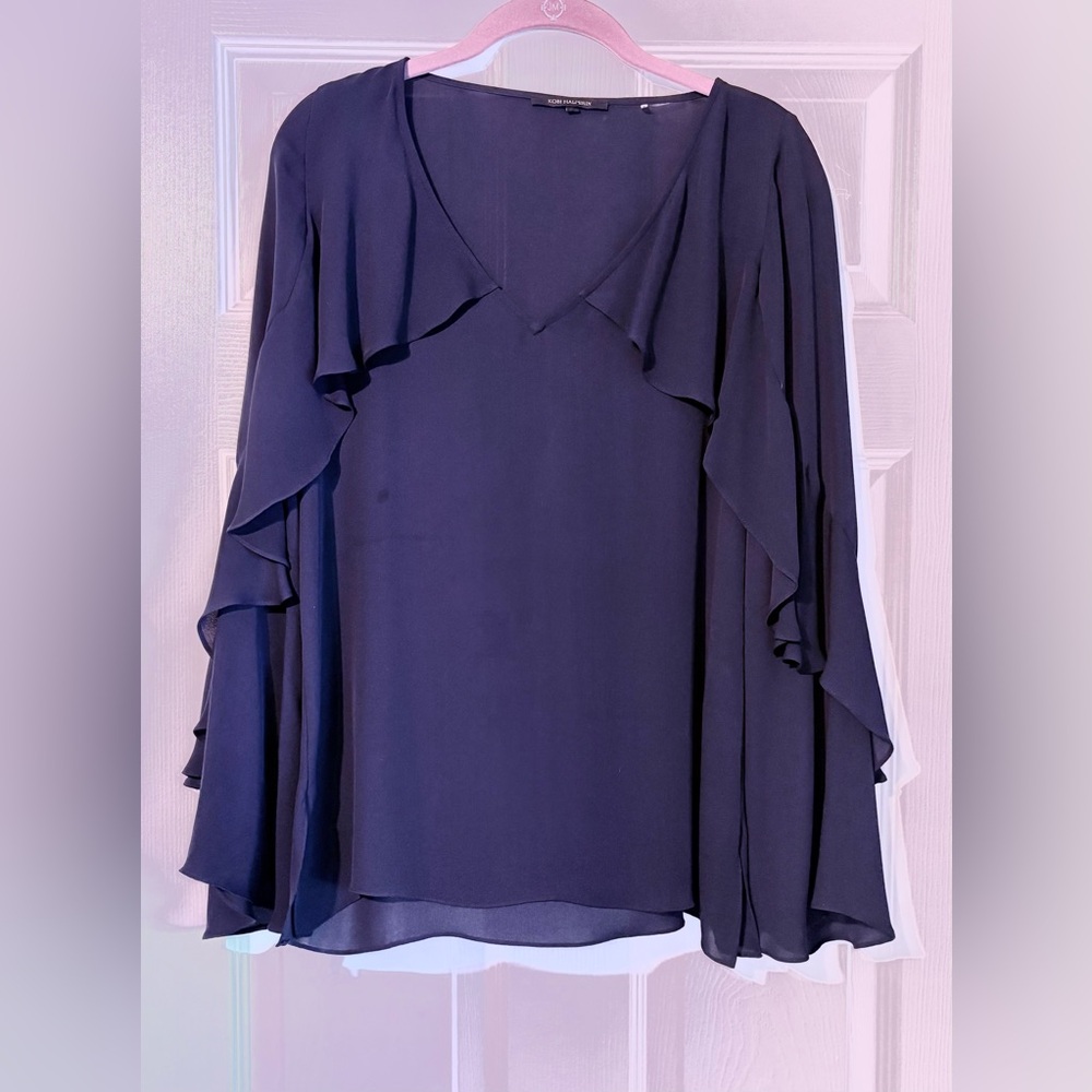 Kobi Halperin Bethenny silk georgette ruffle bell sleeve lined shift blouse. Sm